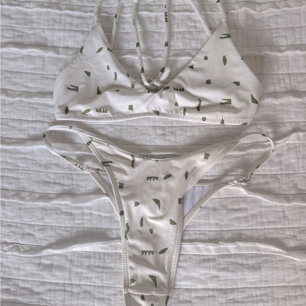 White Skimpy Bikini Set with Green Accents